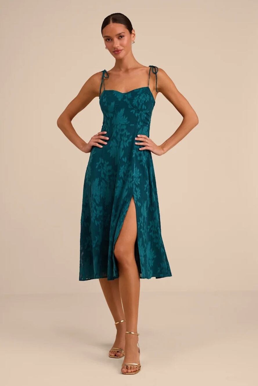 Lulus Loveliest Looks Emerald Green Jacquard Tie-Strap Midi Dress Size Small